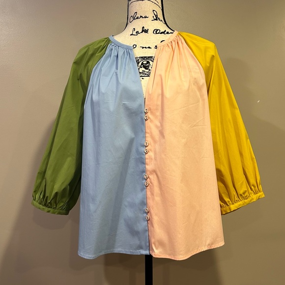 CROSBY by Mollie Burch 3/4 Balloon Sleeve Split V-Neck Button Front Rives Top - Picture 2 of 15